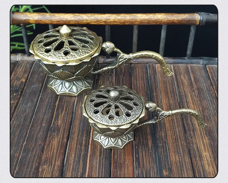 Lotus Flower Incense Burner with Handle Retro Copper Lotus Hollow Out Incense