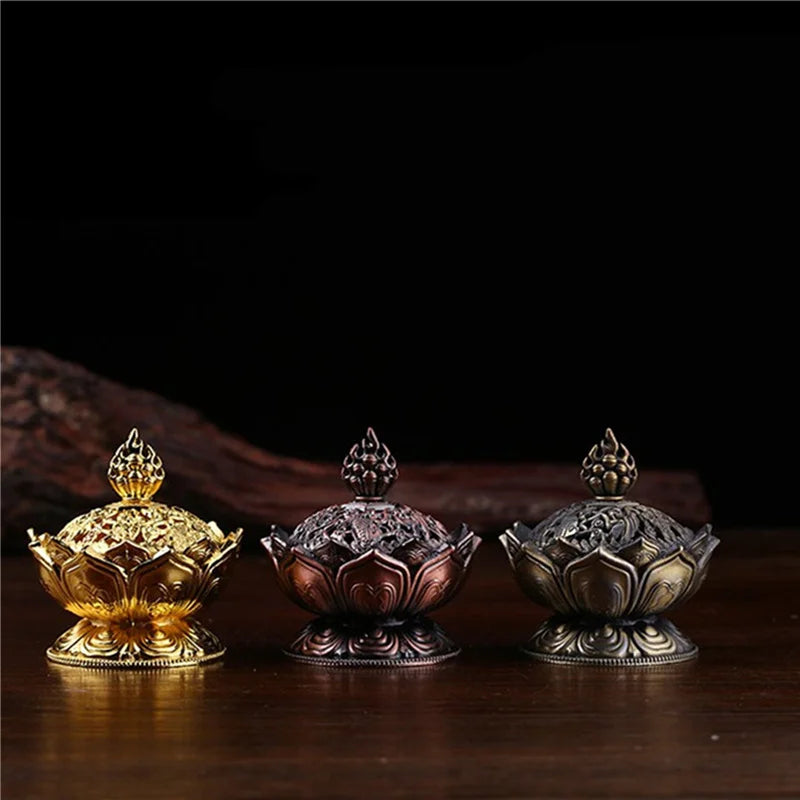 Lotus Flower Incense Burner Buddhism Buddha Holder Brass Mini Sandalwood